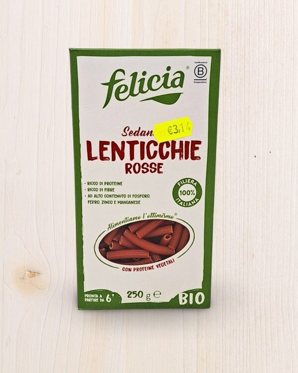 Felicia Sedan Lenticchie Rosse - Pasta Senza Glutine Biologica - 250g L'Angolo Salutare